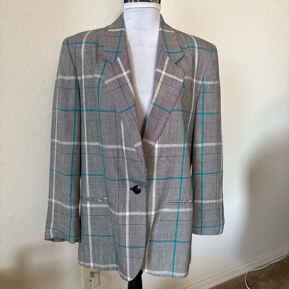 Vintage Pendleton Gray and Teal Plaid Women's rayon Blazer with shoulder pads 14